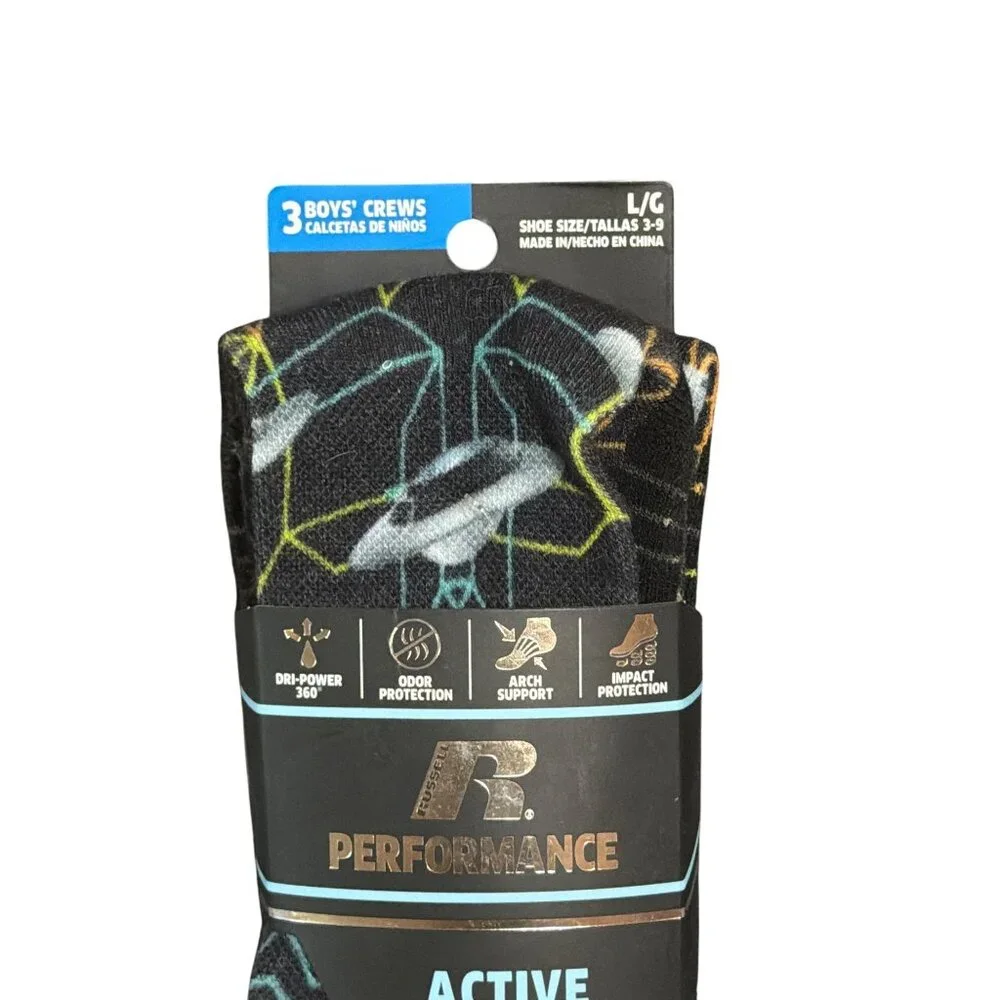 NWT Russell Boys 3-Pack Large Crew Socks‎ Shoe 3-9 Active Performance Dri-Power